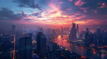 Obraz premium Stunning skyline of Bangkok at dusk with iconic skyscrapers and vibrant city lights
