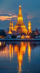 Majestic Golden Stupa of Wat Arun Reflecting on the Chao Phraya River at Sunset in Thailand