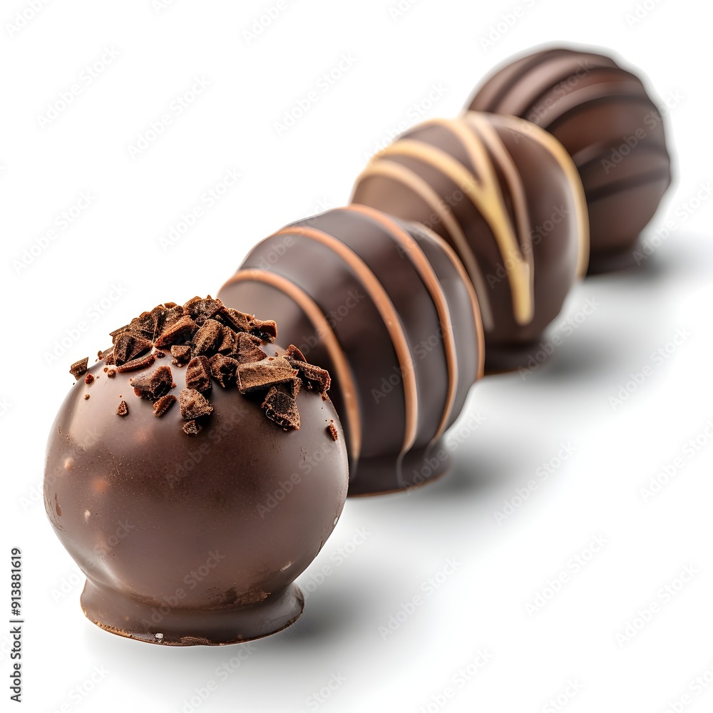 Aufkleber glossy dark chocolate truffles arranged in a row on white background with copy space