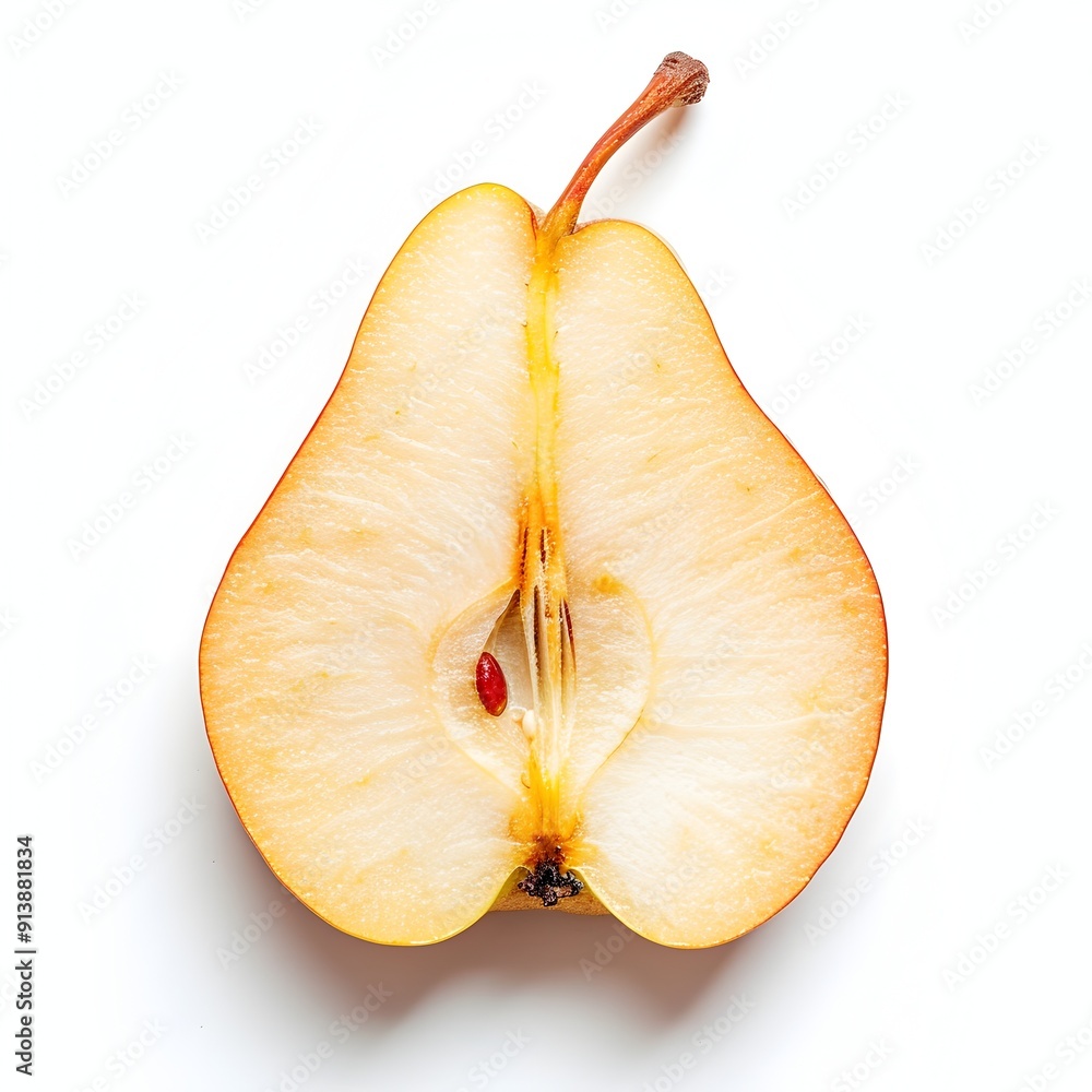 Poster freshly sliced pear wedges on white background with copy space