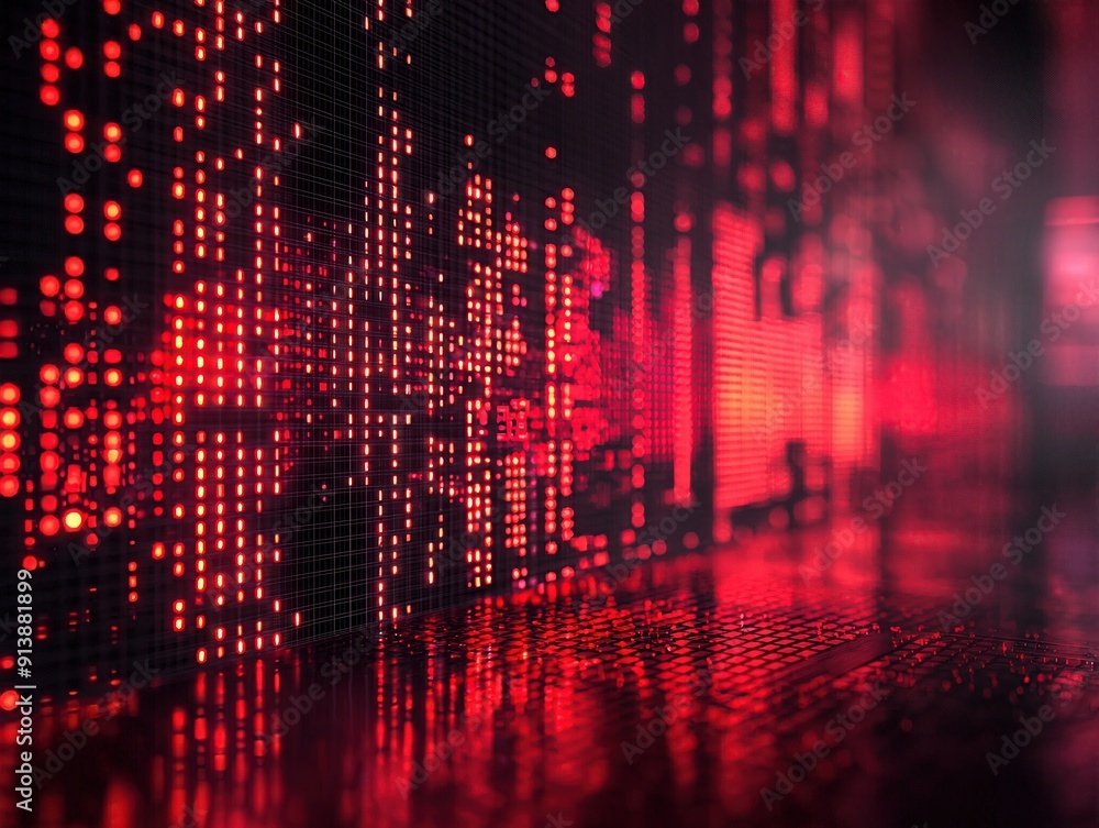 Poster abstract background with vibrant red tones, featuring digital patterns and textures that evoke a sen