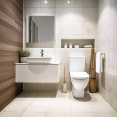 Modern bathroom with white tiles and wooden accent wall