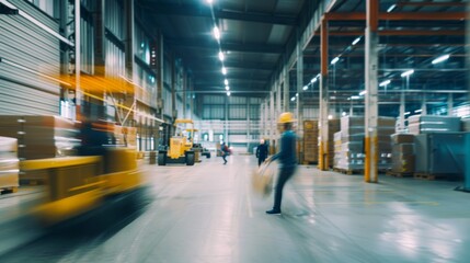 Fototapeta premium Inside a modern, spacious warehouse, workers and vehicles move efficiently under bright lighting, highlighting the organized, industrious atmosphere.