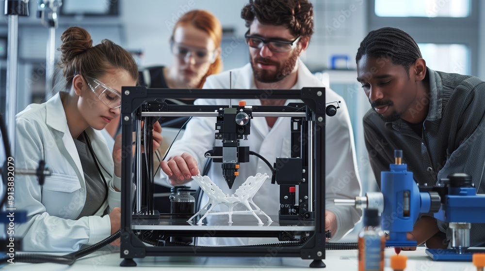 Poster innovative team collaborating on a 3d printing project in a modern laboratory setting
