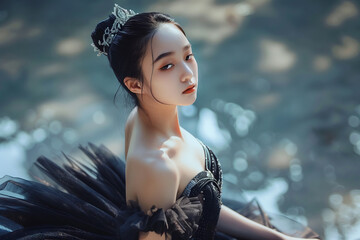 Elegant ballerina in black dress posing outdoors