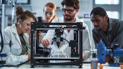 Innovative Team Collaborating on a 3D Printing Project in a Modern Laboratory Setting