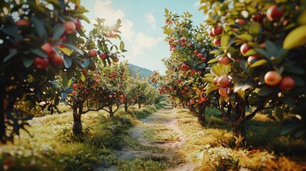 A sunlit orchard path flanked by lush, green apple trees laden with ripe red apples under a bright, clear sky.