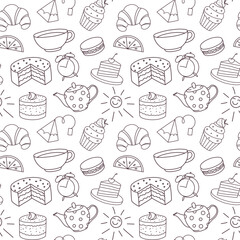 Seamless pattern sweets for tea or coffee, hand drawn in doodle style, cake and pastry for dessert. Cartoon food icons.