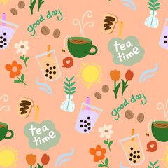 Tea Time Seamless Pattern peach