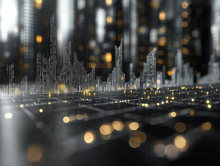 Obraz premium A futuristic cityscape with glowing lights and intricate digital patterns, representing advanced technology and urban innovation.