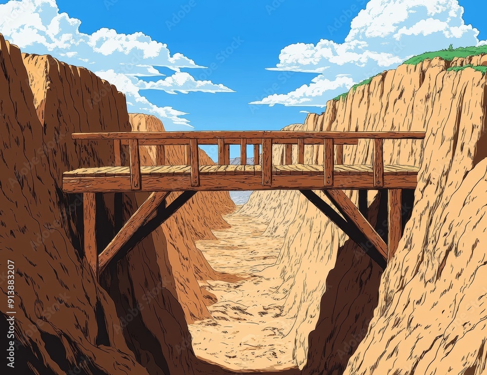 Poster an image of a log bridge between mountains over a cliff in a landscape filled with rock peaks