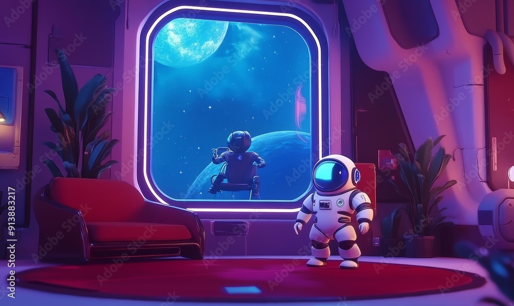 Poster an illustration of astronauts and robots on a spaceship