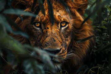 Lion Hidden in the Bushes.