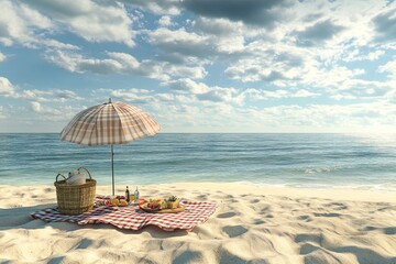 A beach scene with a checkered blanket and a large umbrella