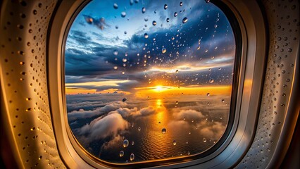 Fototapeta premium Airplane window view of a rainy day sunset , airplane, window, view, rainy day, sunset, clouds, travel, transportation, aerial