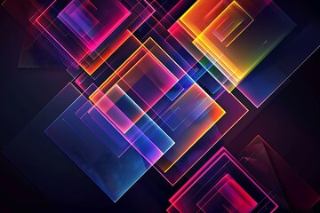 Vibrant abstract composition of overlapping squares and triangles in neon colors, set against a deep black background, creating a striking visual contrast.