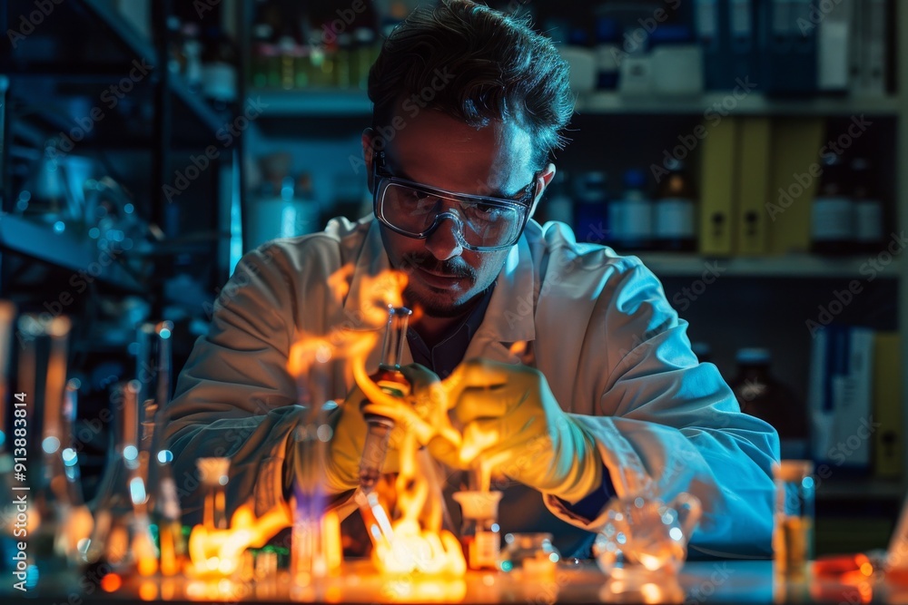 Poster a man in a lab coat examining a microscope in a laboratory setting, a chemist analyzing chemical com