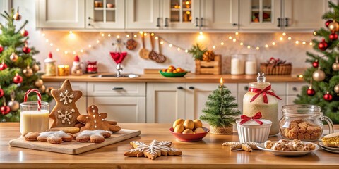 Traditional Christmas baking scene featuring a festive kitchen filled with cookies, gingerbread, and holiday treats