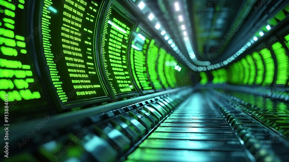Wall mural futuristic tunnel with glowing green data displays, creating an immersive digital environment for te