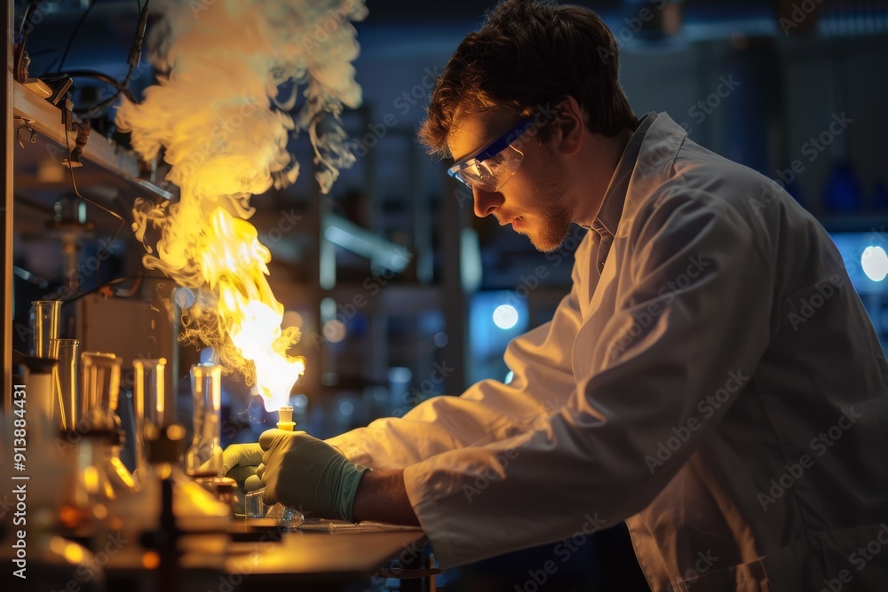 Poster a man in a white lab coat working on experiments in a science lab, a chemist analyzing chemical comp