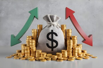 Money bag with dollar sign, surrounded by coins and arrows, symbolizes financial fluctuations