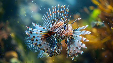 Vibrant lionfish with venomous spines swimming gracefully in ocean depths, showcasing its dangerous beauty.