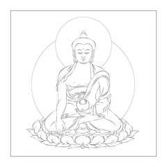 Buddha sitting on Lotus. Esoteric linear vector illustration. Engraving. Indian, Buddhism, Spiritual Art.