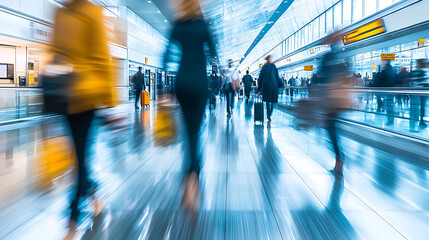 blurred airport terminal with people traveling