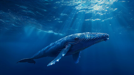 Fototapeta premium Beautiful blue whale gracefully gliding through the ocean waters in a majestic display of power.