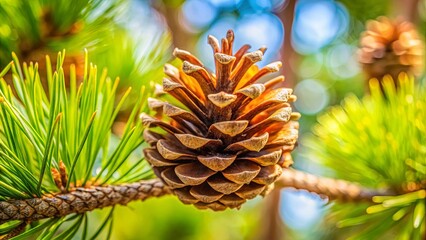 Obraz premium Close-up of a pine cone on a tree branch , nature, texture, forest, autumn, pine tree, conifer, seed, cone, outdoors