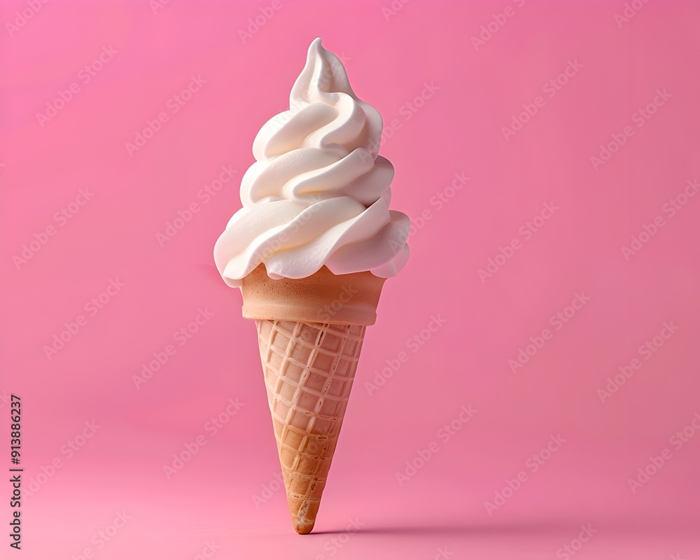 Poster soft serve ice cream cone on bright pink background with swirl design