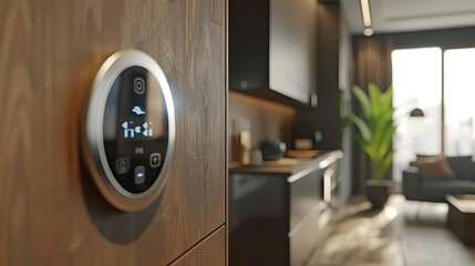 Naklejka premium Close-up of a smart thermostat on wooden wall in a modern kitchen, showcasing sleek design and innovative technology.