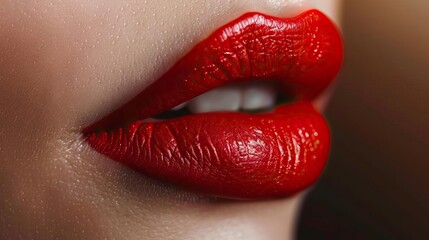 Obraz premium Close-up of beautifully defined lips featuring rich, vibrant lipstick in an alluring shade, showcasing elegance and beauty.
