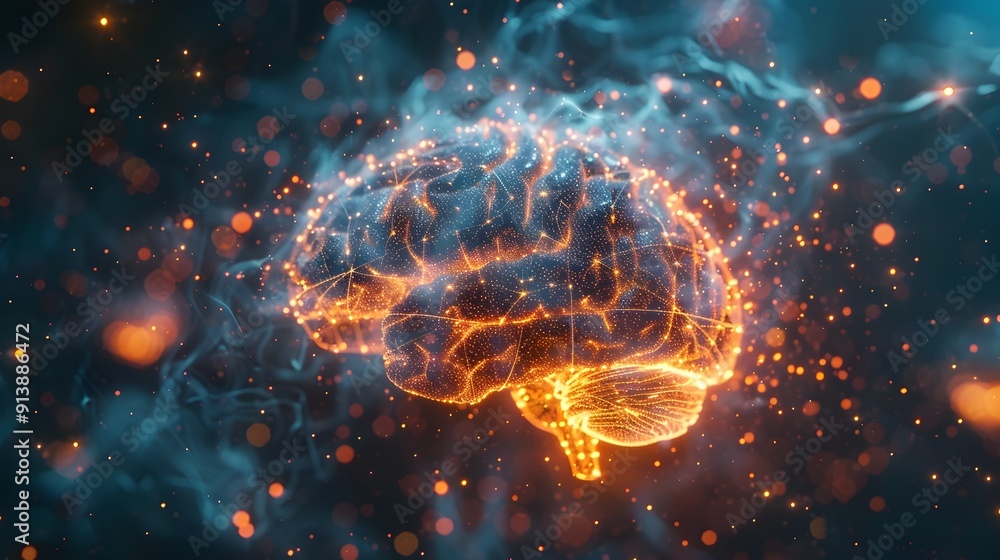 Poster glowing digital brain with interconnected neural network symbolizing advanced and technology