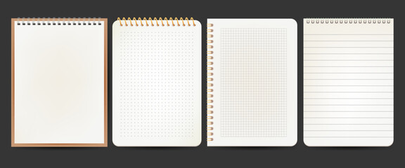 Realistic notebook pages or vector lined notepaper, Set of isolated background for office document or grid page. Notepad sheet backdrop with dotted surface. Education or school empty memo. Note paper