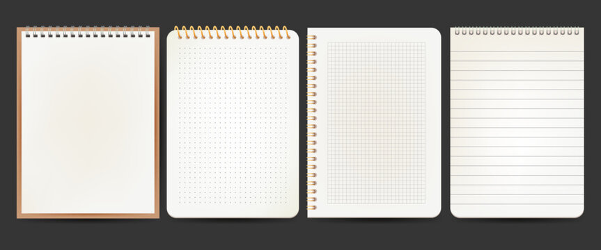 Realistic notebook pages or vector lined notepaper, Set of isolated background for office document or grid page. Notepad sheet backdrop with dotted surface. Education or school empty memo. Note paper