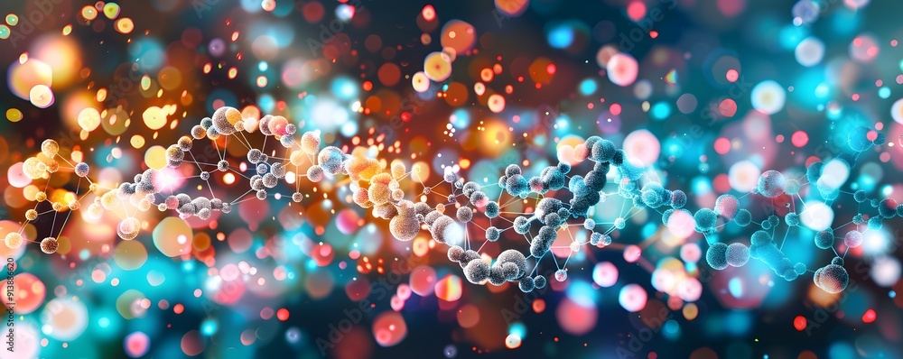 Poster abstract molecular structure with bokeh background.