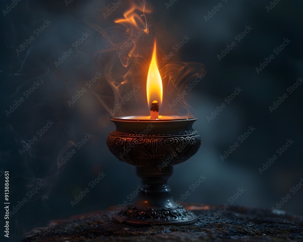 Poster Steady Flame of Ancient Oil Lamp Burning Against Dark Background