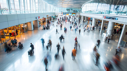 blurred airport terminal with people traveling