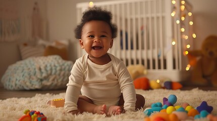 Fototapeta premium Happy baby playing on soft carpet surrounded by colorful toys in a cozy nursery filled with warmth and joy.