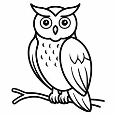 A detailed portrait of an owl perched on a branch vector line art illustration