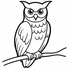 A detailed portrait of an owl perched on a branch vector line art illustration