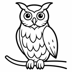 A detailed portrait of an owl perched on a branch vector line art illustration