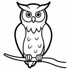 A detailed portrait of an owl perched on a branch vector line art illustration