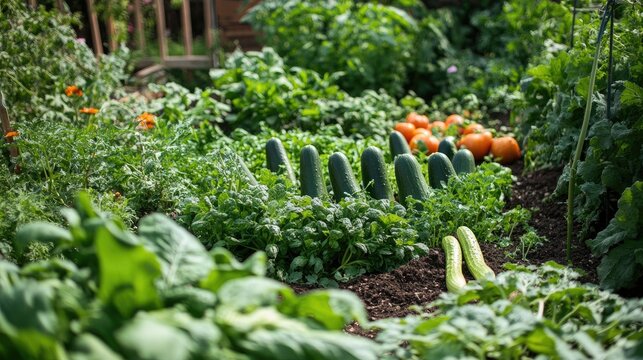 A bountiful organic vegetable garden, filled with a variety of fresh veggies like cucumbers, peppers, and greens. The garden is thriving and well-cared for