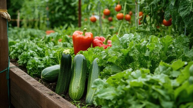 A bountiful organic vegetable garden, filled with a variety of fresh veggies like cucumbers, peppers, and greens. The garden is thriving and well-cared for