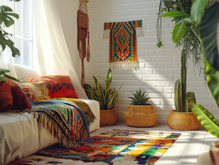 Bohemian Living Room Interior Design with Colorful Rug and Plants