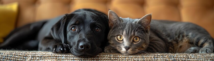 Black dog and gray cat lying on a rug, cozy living room setting, natural soft light