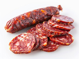 Savory Slices of Cured Sausage Displayed on Clean White Surface