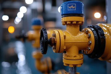 A close-up of a bright yellow industrial valve in a factory setting, highlighting detail and design within machinery.
